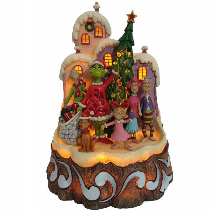 Jim Shore Grinch Lighted Carved by Heart illuminated view - SKU 6008890