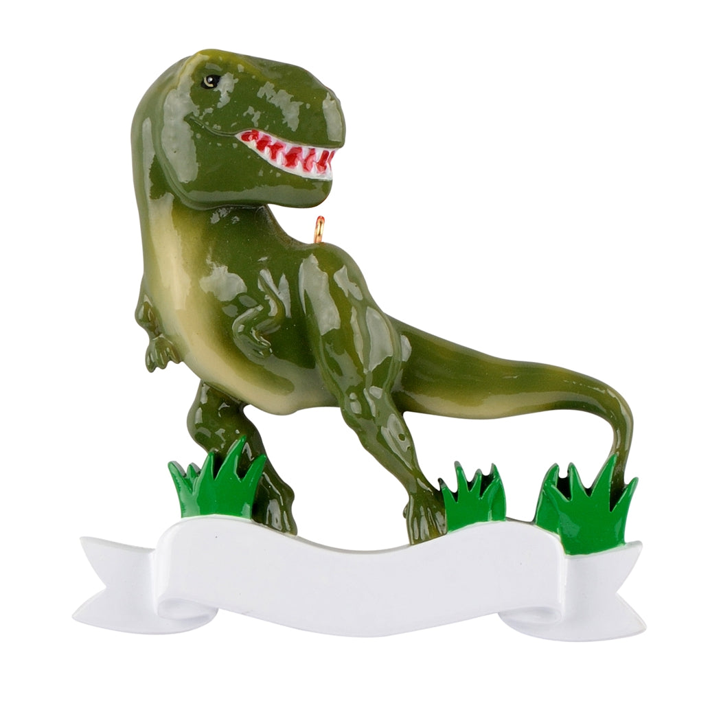 Maxora green T-Rex dinosaur ornament with blank white personalisation ribbon