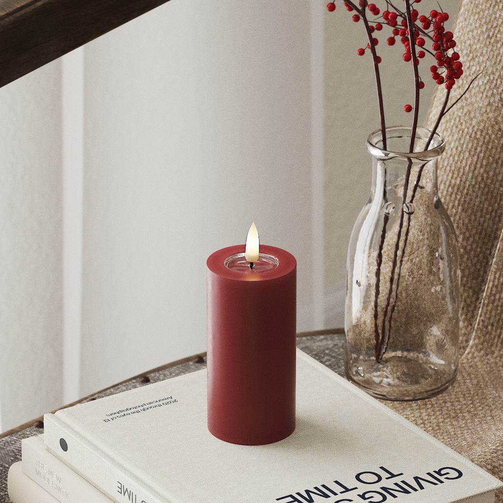 Deluxe Homeart Real Flame LED Pillar Candle, Bordeaux, 5 × 10 cm