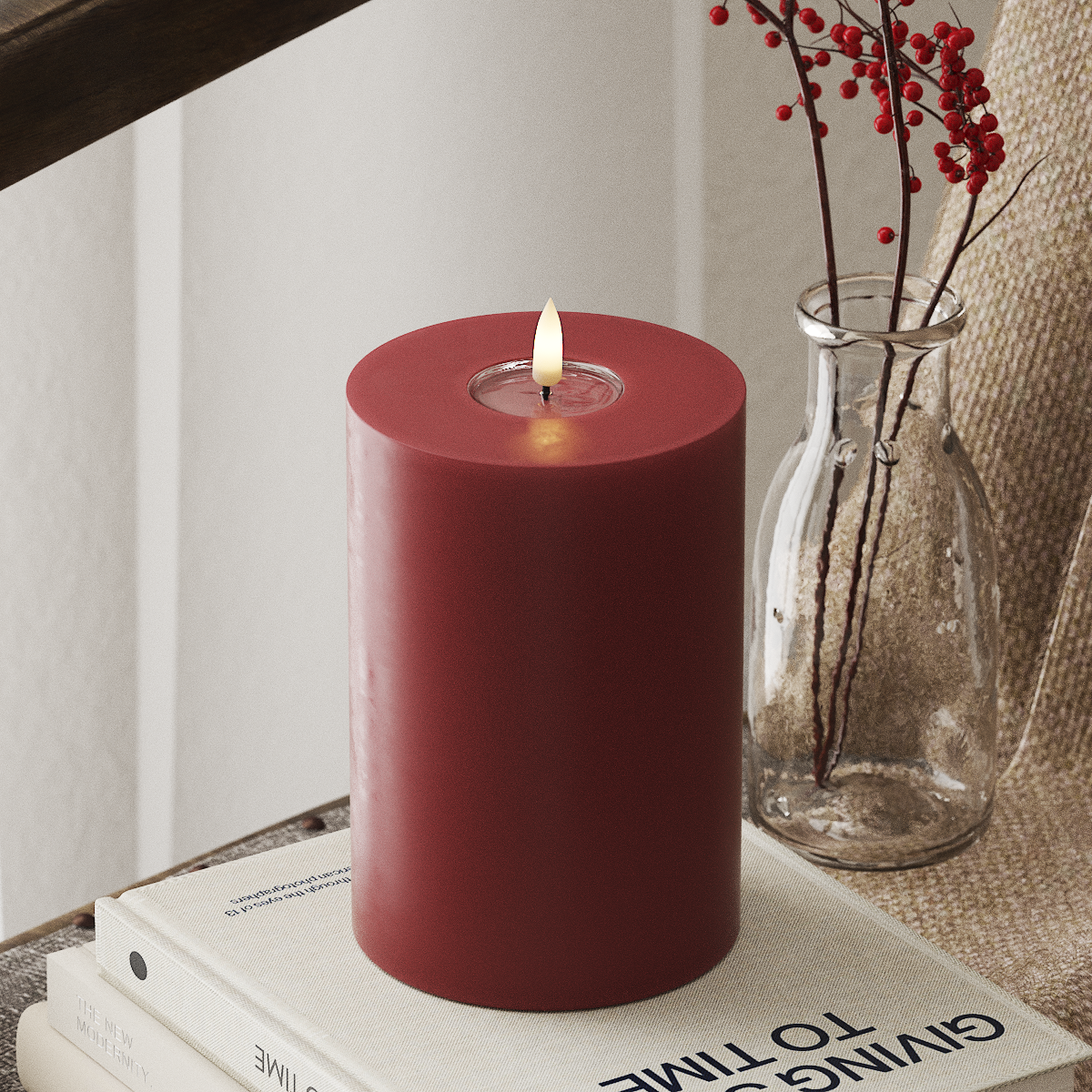 Deluxe Homeart Real Flame LED Pillar Candle, Bordeaux, 10 × 15 cm