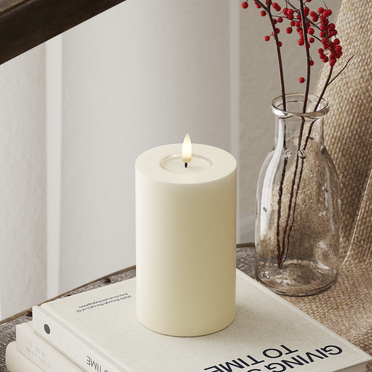 Deluxe Homeart Real Flame LED Pillar Candle, Cream, 7.5 × 12.5 cm