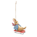 Jim Shore Peter Rabbit Sledding Hanging Ornament. Supplier product photograph.