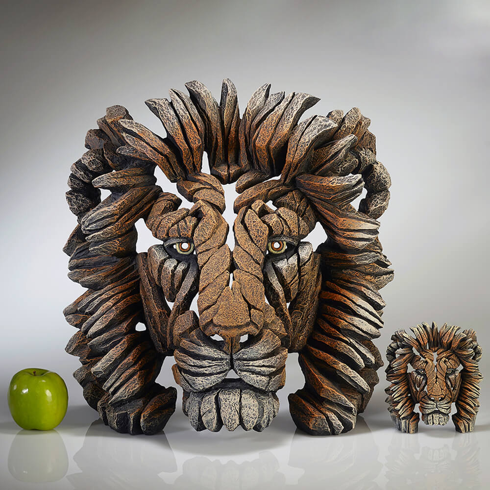 Edge Miniature Lion bust beside full-size sculpture for scale – SKU EE6014999