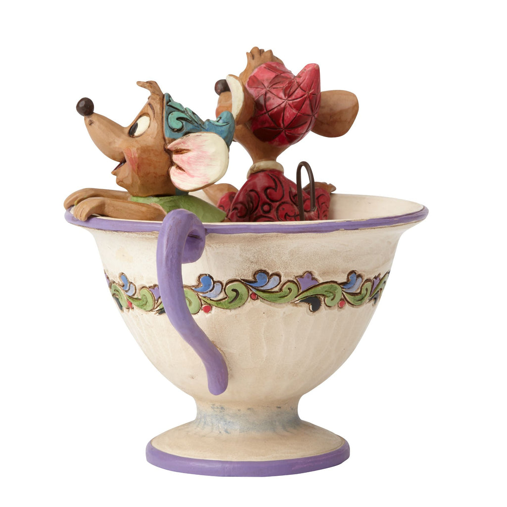 Jim Shore Tea for Two 4016557, rear view showing the teacup handle and Jaq and Gus