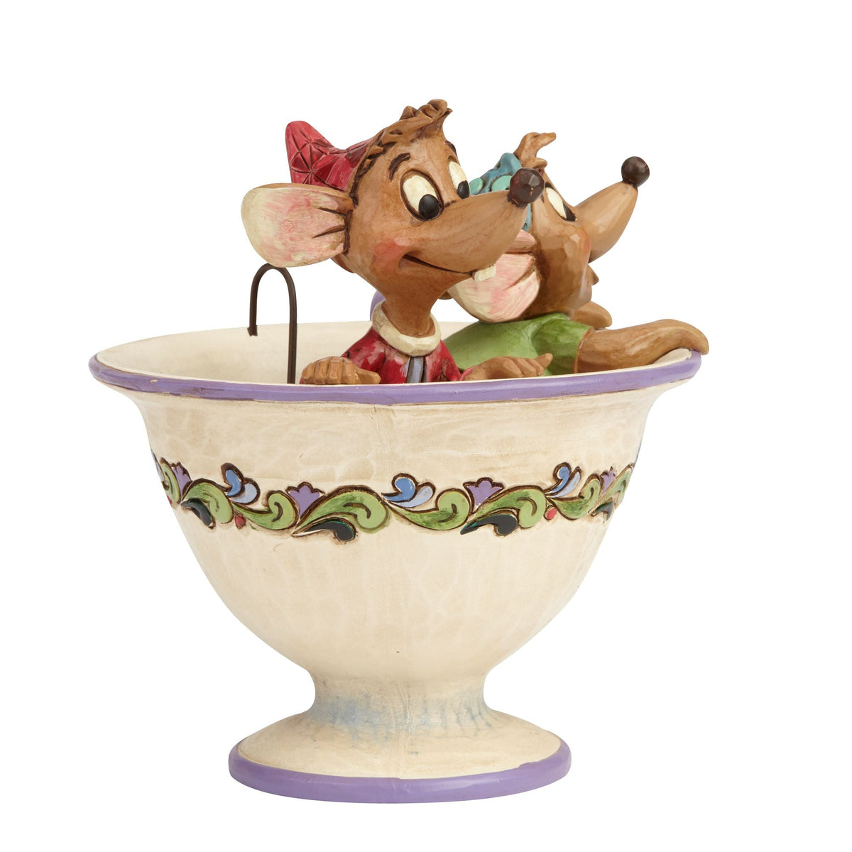 Jim Shore Tea for Two 4016557, side view of Jaq and Gus in Lady Tremaine's teacup