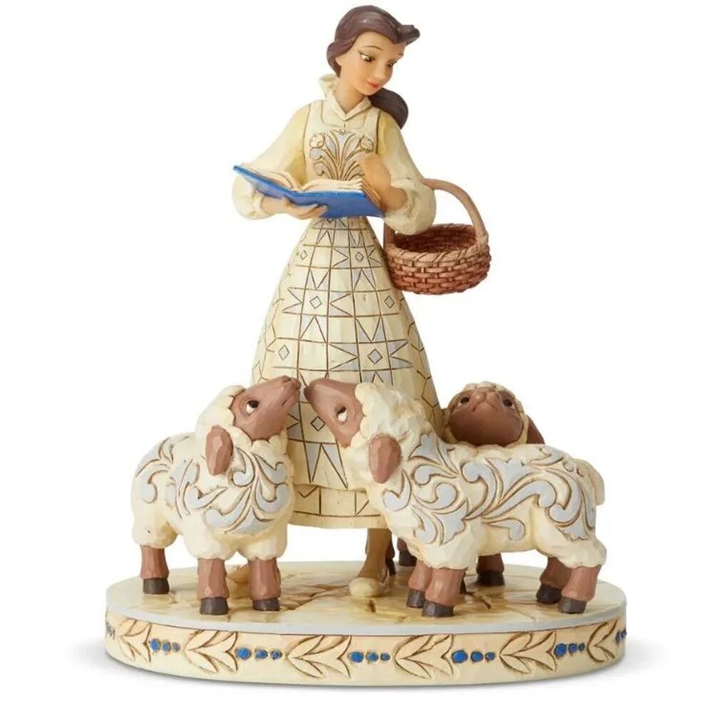 Jim Shore White Woodland Belle reading to sheep figurine, front view
