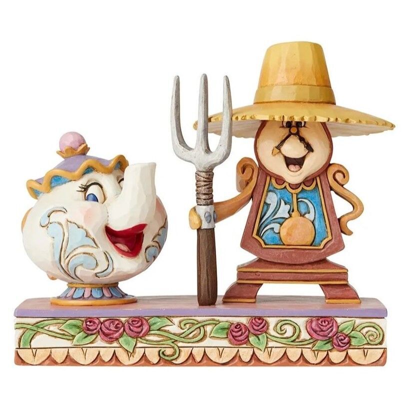 Jim Shore Mrs Potts and Cogsworth Workin Round the Clock front view