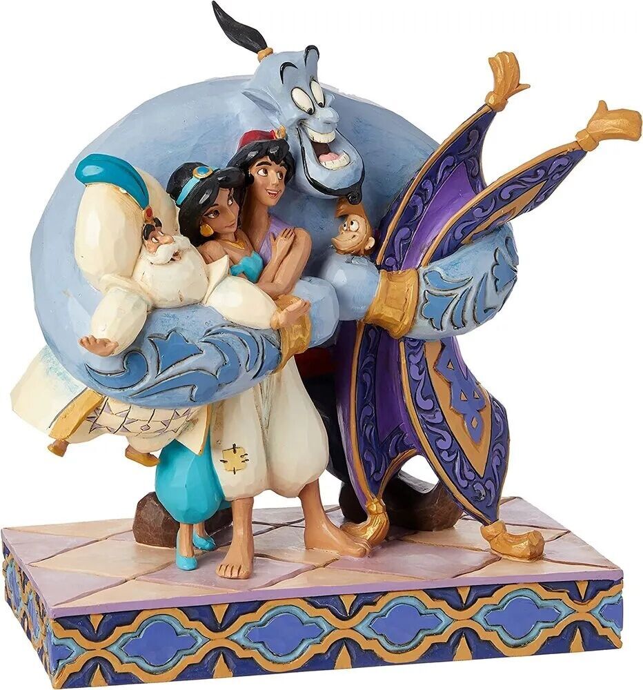 Jim Shore Aladdin Group Hug figurine with Genie, Jasmine and Abu, front view