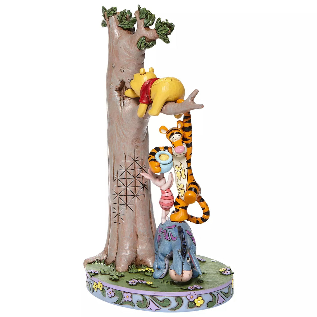 Jim Shore Hundred Acre Caper 6008072, alternate view showing the tree and stacked Winnie the Pooh friends