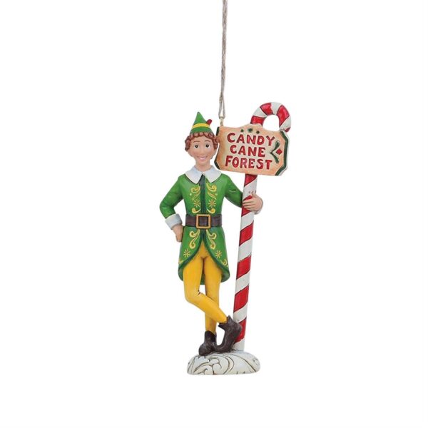 Buddy the Elf smiling beside the Candy Cane Forest signpost ornament