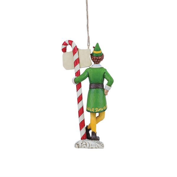 Reverse view of Buddy the Elf Candy Cane Forest signpost ornament