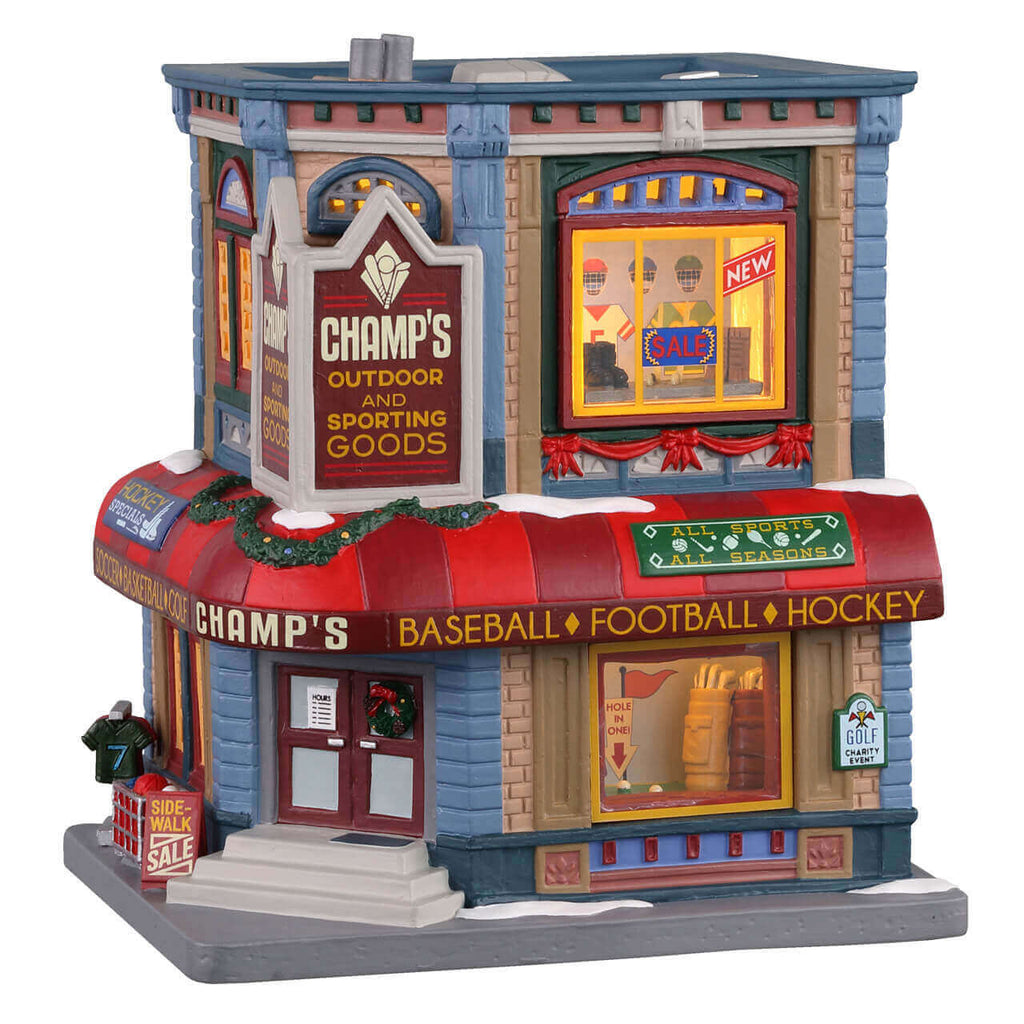 Lemax Champ’s Sporting Goods lighted building, front view – SKU 05652