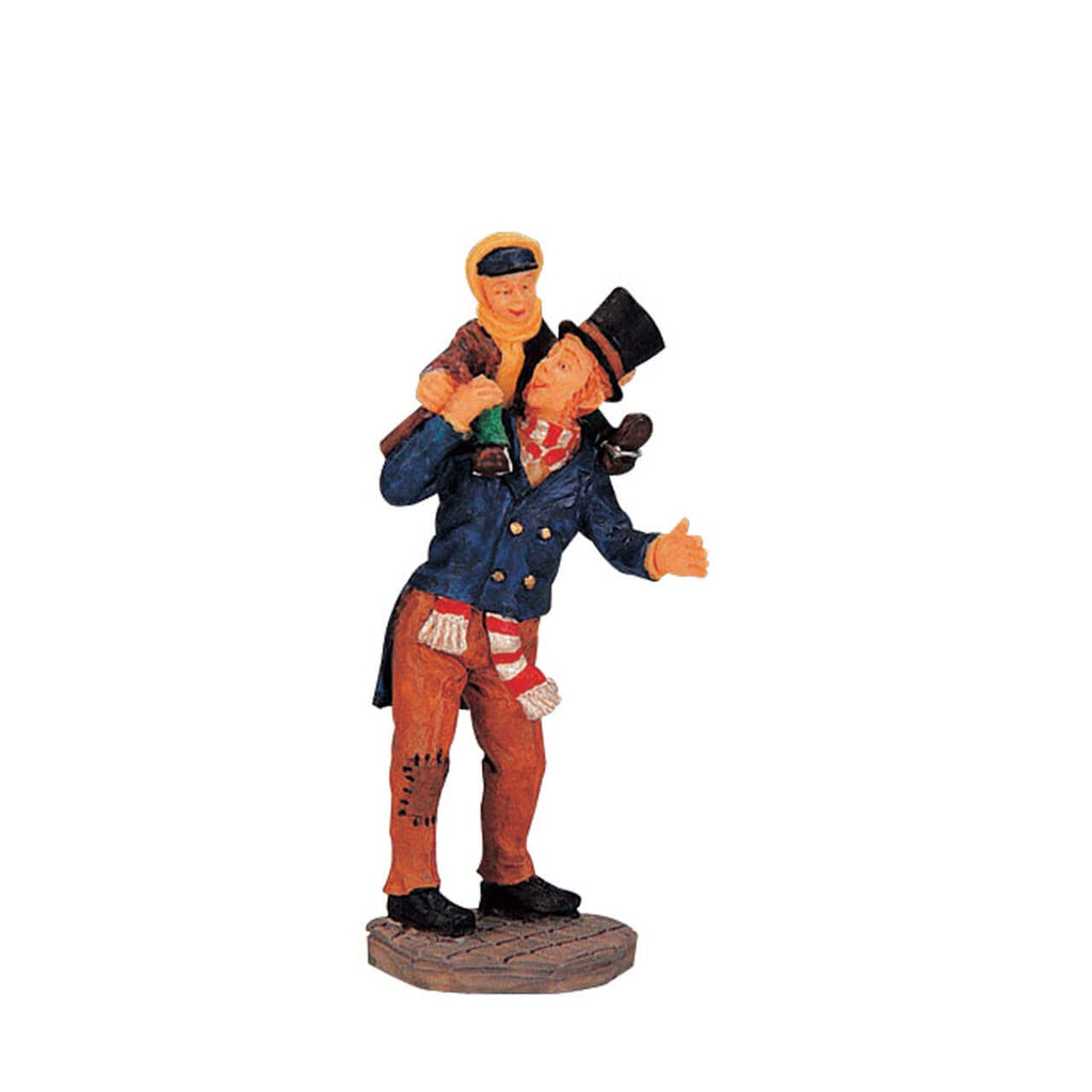 Lemax Bob Cratchit carrying Tiny Tim figurine, front view