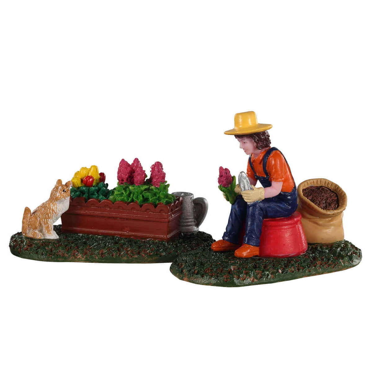 Lemax Garden Grooming set with gardener, flower bed and cat