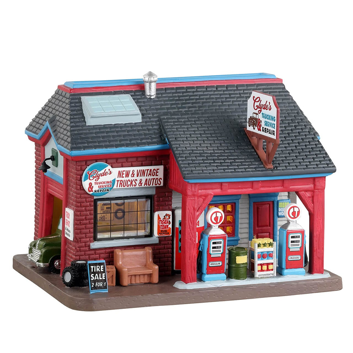 Lemax Clyde’s Trucking Service & Repair lighted building, front view – SKU 35054